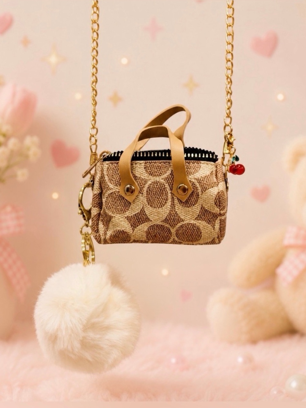 Mini Monogram Handbag Keychain/Crossbody+Cherry Charm w/ Faux Fur Pom Pom- NEW